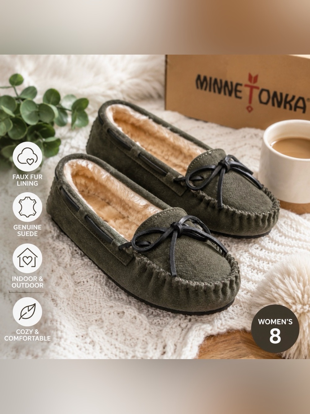 Minnetonka Olive Suede Fur Lined Moccasin Slippers Women’s Size 8 Cottagecore